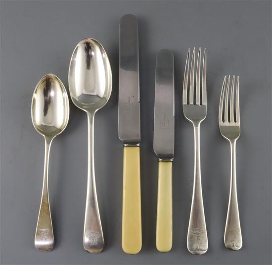 A part service of Hanover pattern silver flatware in oak canteen (bearing J F Adye plate), London 1919 and later, 103 pieces, 145.5oz